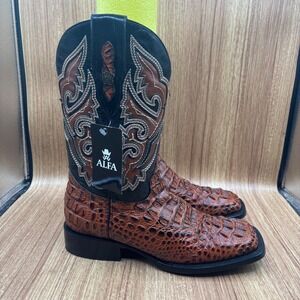 ALFA Cognac Caimen Neck Square Toe Cowboy Boot Brown Men 9.0 Leather Handcrafted